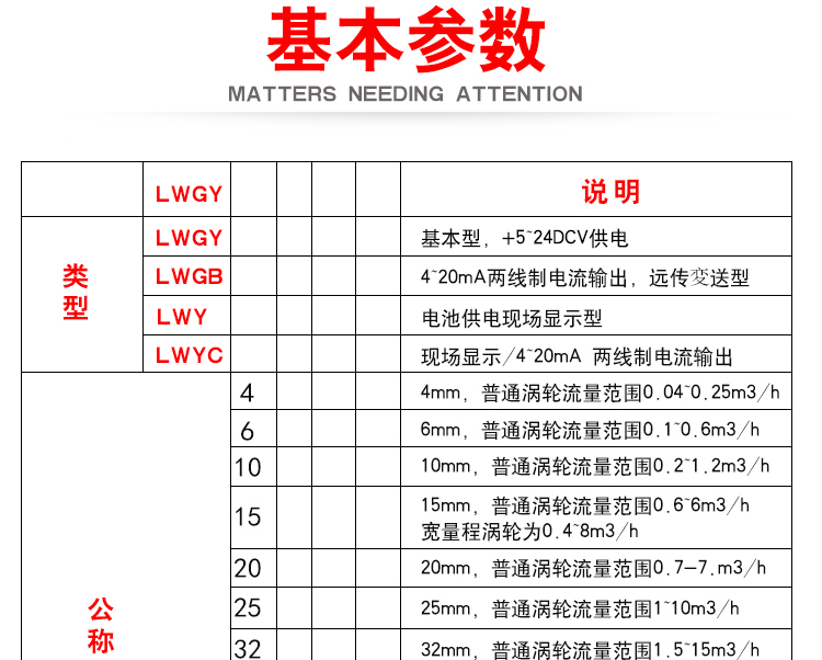 渦輪流量計(jì)基本參數(shù)